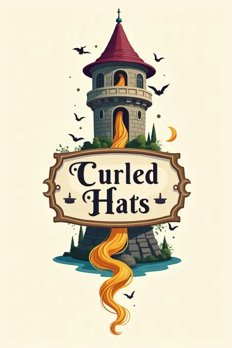  Create a logo with a stylized illustration of the Rapunzel tower with golden hair descending,  enclosing the company name  ( curled hats )  in a modern design reminding that the company wears hats 