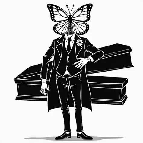 A slightly muscular headless man with butterfly wings as a head, with four arms, two arms holding a coffin behind his back, wearing a suit with a flower on his lapel, wearing an overcoat, bulging crotch, monochrome, illustration, fullbody 
