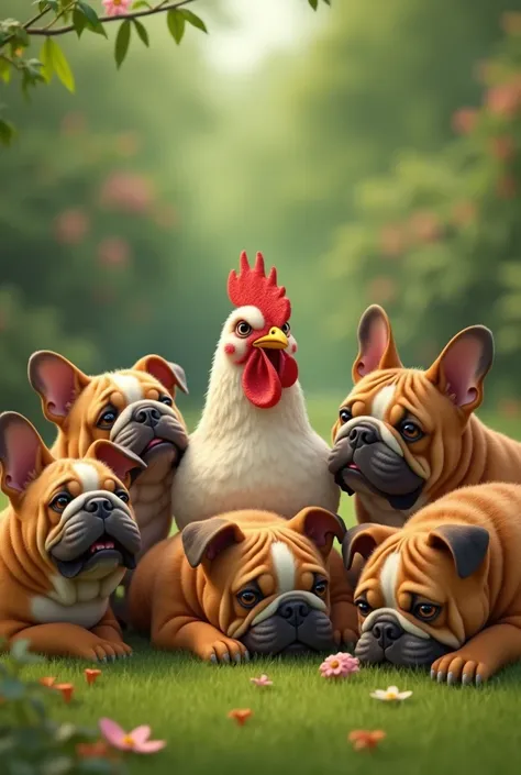 Lots of Argentine bulldogs and a chicken