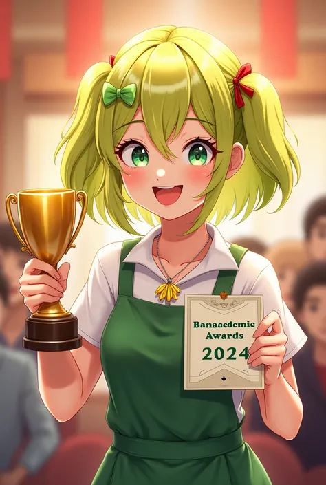  Beautiful Banchan girl with short hair ,   yellow and green with two tails and with a gold trophy next to her and the winners smile and a necklace with a banana on her neck
And in his hand a sign that says "BanaAcdemic Awards 2024 " showing her audience  