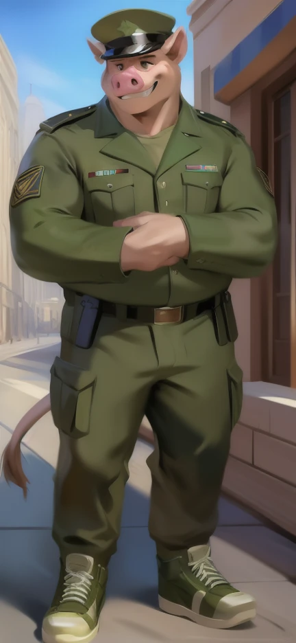 Solo, big male ,,​ Standing ,barrack,big pig,Green military sergeant uniform , Wear combat shoes, overweight, muscular, Smirking , by chunie