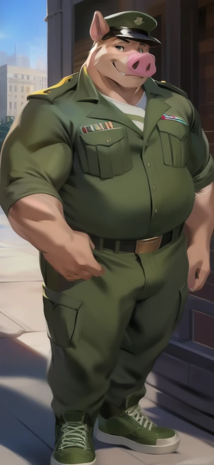 Solo, big male ,,​ Standing ,barrack,big pig,Green military sergeant uniform , Wear combat shoes, overweight, muscular, Smirking , by chunie