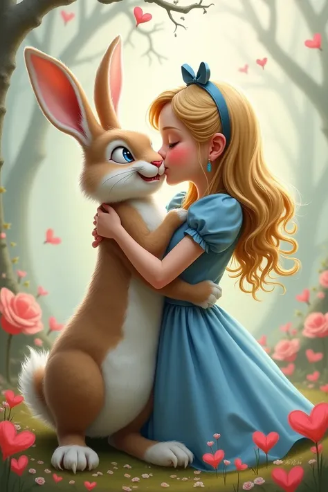 Create the image of Alice hugging and kissing the rabbit as a man 