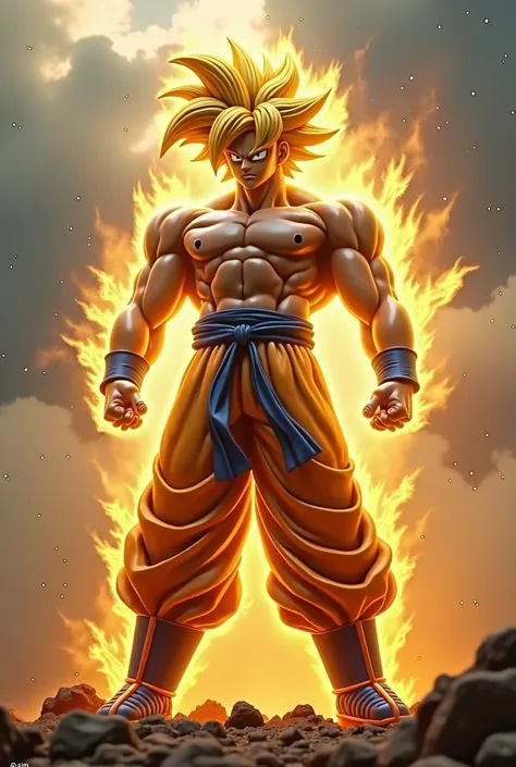 In a foggy sky Goku Super Saiyan in the form of a body with real golden muscles realistic 