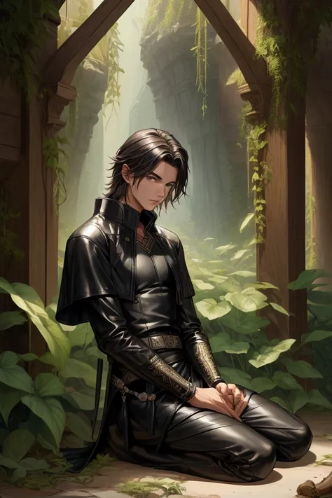 a young man dressed in a leather tunic sitting on the ground surrounded by many plants, an image that evokes a biblical landscape