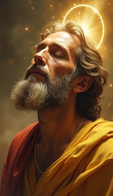  create an image of the Apostle Paul with his eyes closed, A golden trumpet playing 