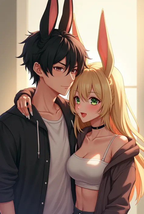 Black hair, man,rabbit ears, t shirt, jacket, brown eyes, choker, white shoes, hugging blonde hair, woman, rabbit ears, crop top, jacket, green eyes, choker, black shoes