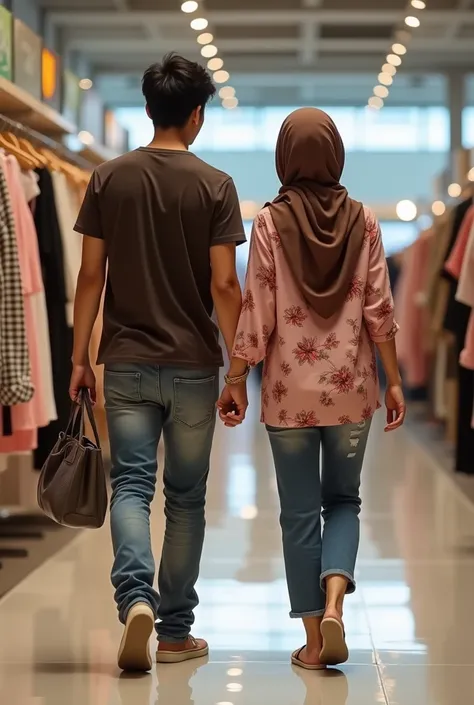  Two people shopping for underwear in a large mall ,  one handsome Indonesian man with short hair thin body dry wears dark brown t-shirt ripped jeans 168 cm high,  one beautiful Indonesian woman wearing a brown hijab decorated with flowers , wearing a pink...