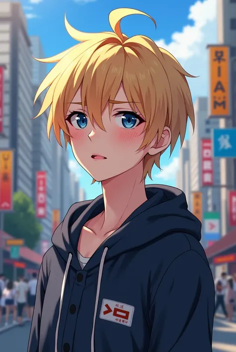 anime boy, delgado, androgynous, tsundere, golden hair, straight tips ,  navy blue eyes, light skin, blushing, In the city, furrowed eyebrows