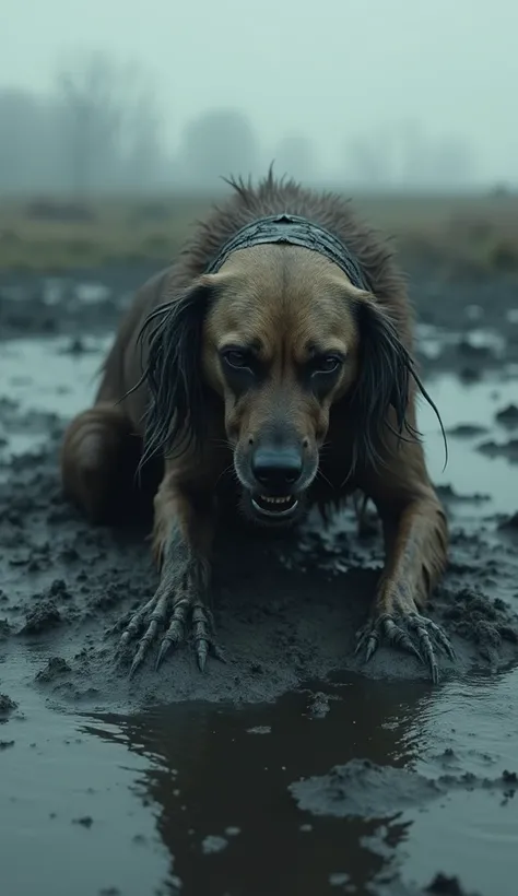 Create me an image of a very skinny dog whirling in a half-black liquid mud and that the dog is sad because you cant get out of the mud and that the scene is based on real life, hyperrealistic 