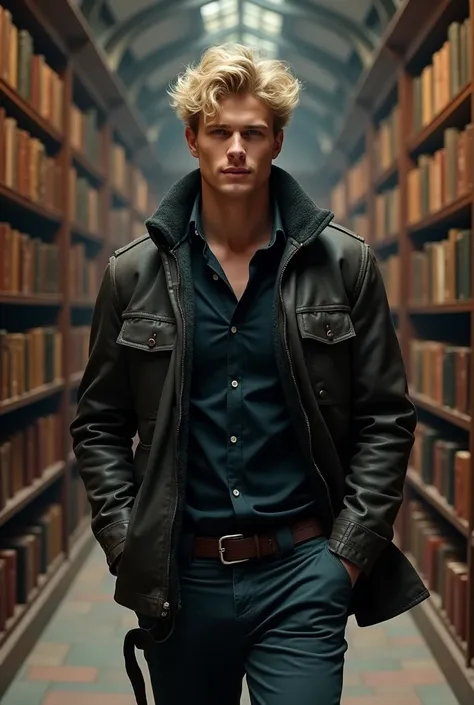 Create a beautiful blond man,  with curly hair ,  a wide smile and a sharp jaw , blue eyes and cute body ,  who is looking to the side while walking through the middle of some bookcases,  dressed in a dark combat outfit and leather jacket,  both inside the...