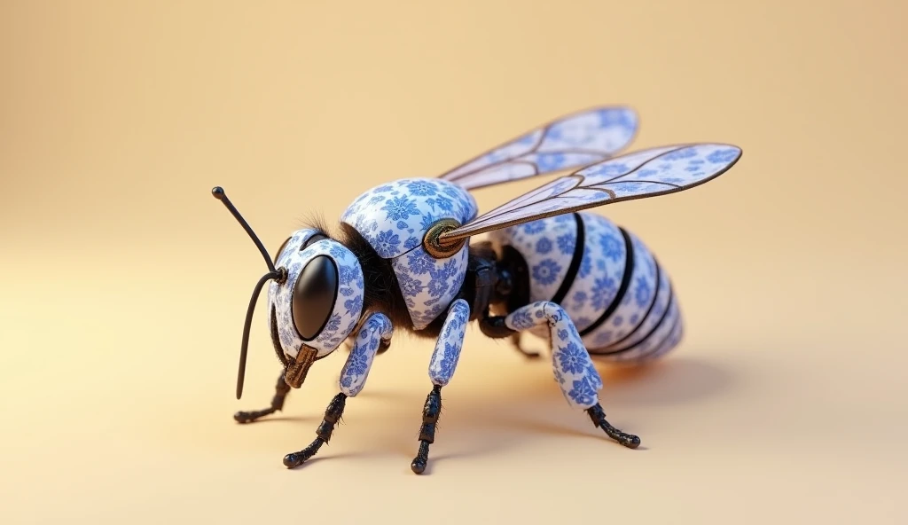 On a beige solid color background, a mechanical bee, covered in a Blue and white porcelain-patterned floral skin print,rendered in cinema4d style, dreamy and Romantic, Ray Tracing, Brandon Werfel, delicate materials, ethereal and dreamy, luminous, Transluc...