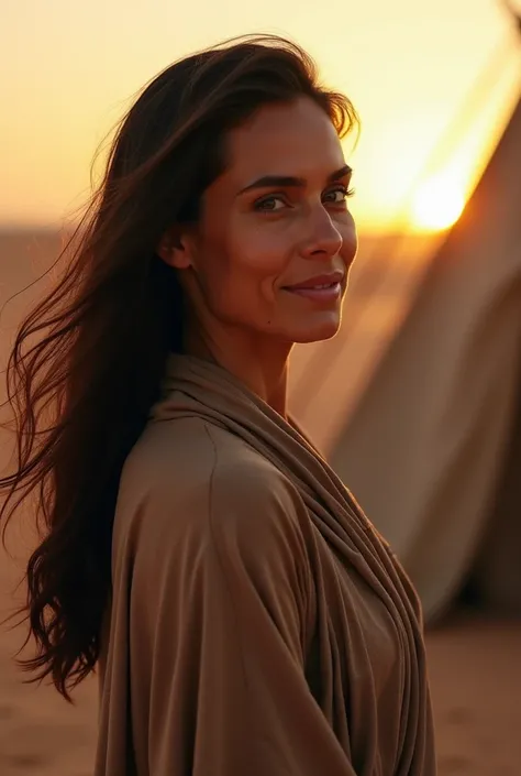 A middle-aged woman with long dark hair, a gentle face, and olive skin, standing in front of a tent, gazing towards the horizon. Her expression is peaceful, with a slight smile, symbolizing her inner strength and connection to her faith. She wears simple, ...