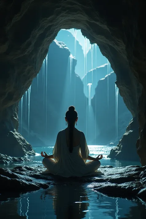 A woman meditating like a Buddha in a cave with drips on the rocks at night