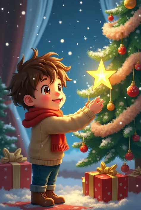 A boy with brown hair and eyes wearing winter clothes at home touching the star of the anime-style Christmas tree 