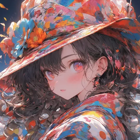 (masterpiece), (  top quality), (   super detailed ),   1 girl ,   whole body，pop，hat，Colorful，ボップなhat，ドッドBloom, Bloom,  Character Design, modern art,  Cool Red 