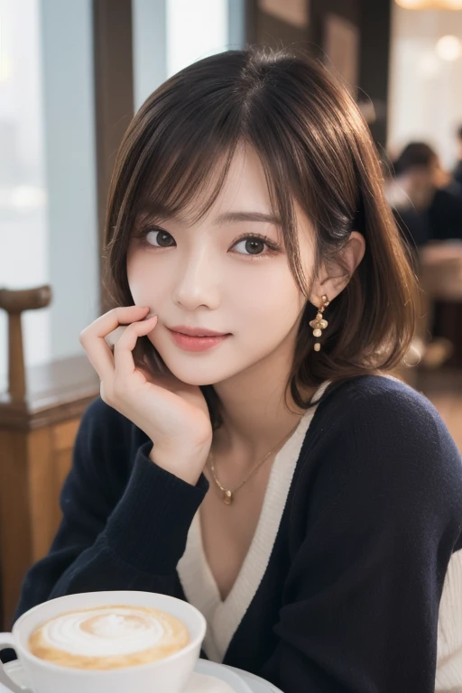  eyes that seem to be sucked in , cute double , Mysterious woman eating chiffon cake deliciously,  inside a calm cafe ,  short hair with loose inner curls,  clothes chosen for a date , Talented , Kind personality,  woman who is very particular about the de...