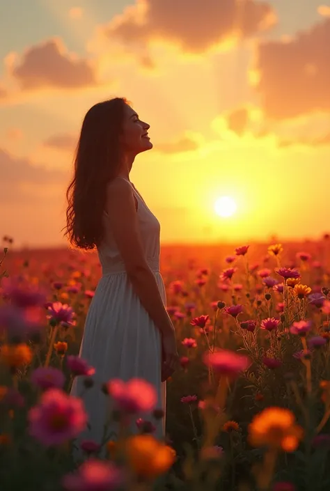 "A person standing in a flower-filled field at dawn, with an expression of peace and self-confidence. Behind them, a shadow representing a painful past begins to fade, while colorful flowers bloom around. On the horizon, a rising sun symbolizes new beginni...