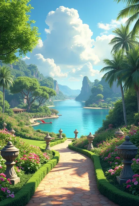  beautiful garden and a view of a lagoon 