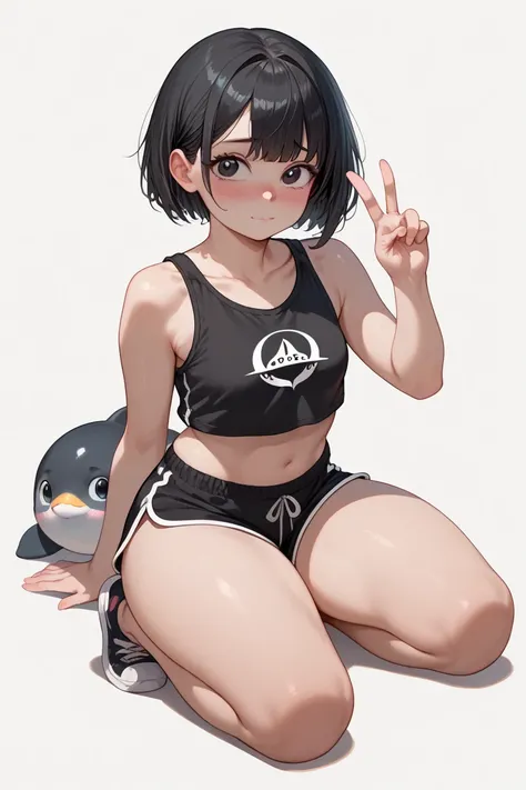 cute young girl, simple background, black dolphin shorts, black crop top, thick thighs, short black hair, black eyes, pale skin, V-sign, shy blush, small breasts, (masterpiece), best quality, expressive eyes, perfect face, full body