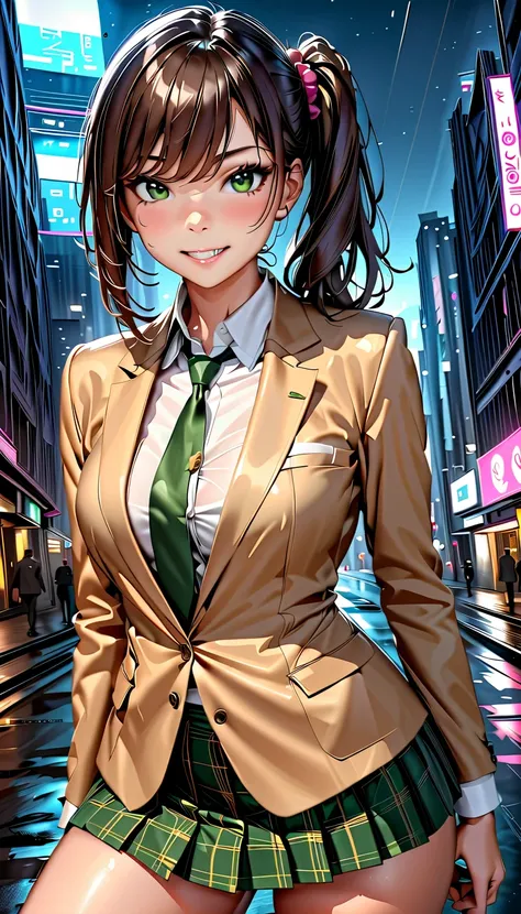 masterpiece, best quality, very aesthetic, photo realistic anime, Sharp Focus, 1girl, detailed green eyes, grin, dark brown silky hair, side ponytail, contrapposto, Captivating thighs, uniform, brown blazers, (hads in pocket, unbutton), Green tie, Plaid Pl...