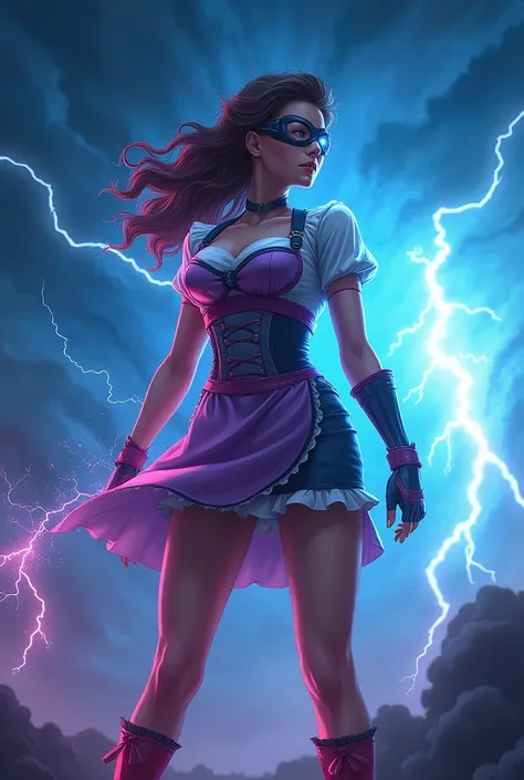 Realistic, girl in amazing waitress outfit, apron, poster style, thunder, lightning, plasma, electric power, hero eye cover, show off bare thick thigh,blue and purple wears, unreal gigantic Tornado Storm,