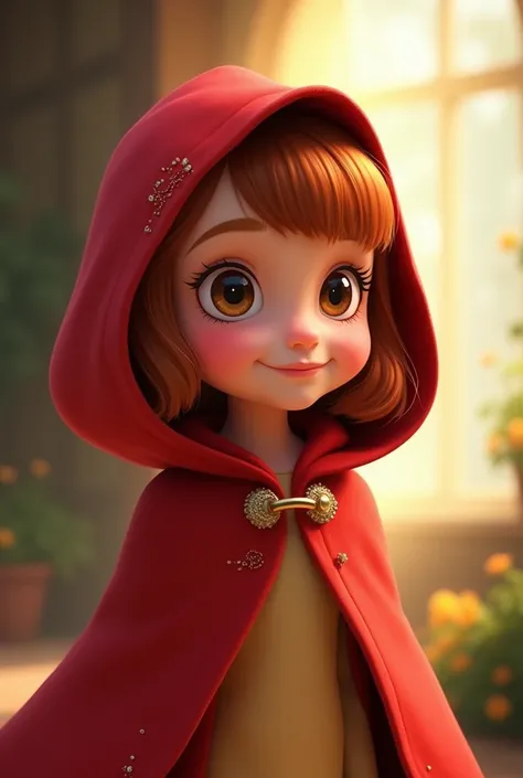 Cute seven year old girl with red cloak and a hood over her head, Disney style cartoon