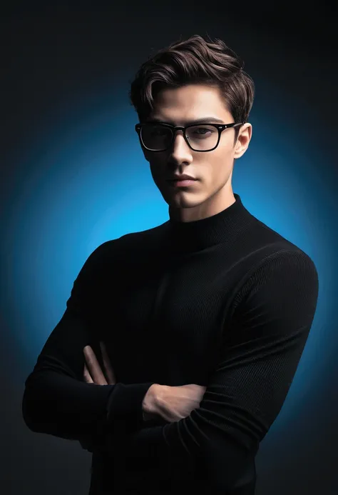 a young man with a neat short haircut and stylish glasses in a thin frame. He is dressed in black tight clothes with a slight shine, emphasizing the minimalist and modern style. The man stands straight, his hands are down and hidden behind his back, which ...