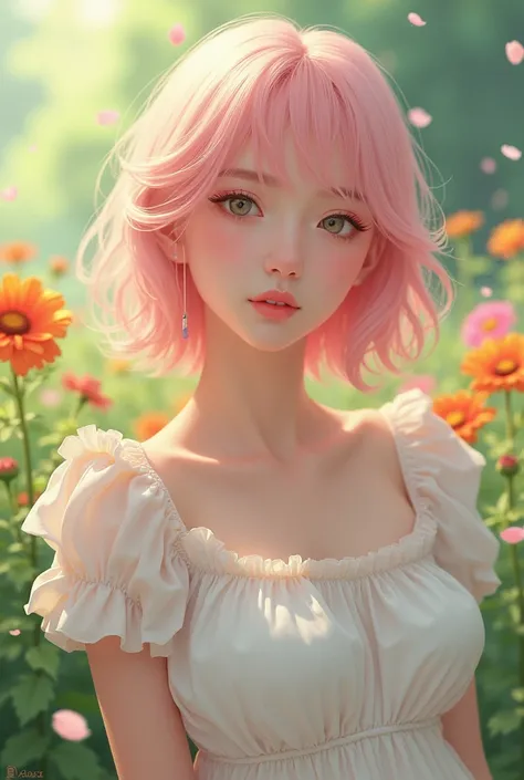 “Portrait d’une jeune femme aux cheveux roses clairs mi-longs, vêtue d’une robe d’été blanche. Elle se trouve dans un jardin baigné de lumière naturelle, entourée de fleurs. Style réaliste, couleurs vibrantes. Reel