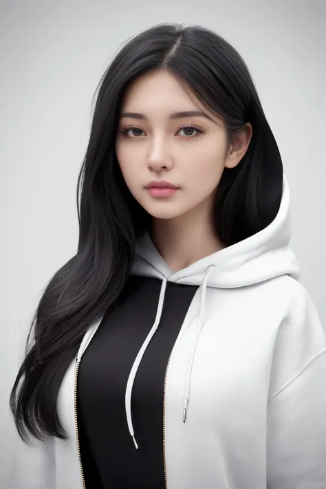 ((High quality)), ((Perfect anatomy)), (Hyper realistic), (Ultra details) 4k, solo, Beautiful girl, from Turkey, 25 years old, long black hair, simple fashion, hoodie, simple background, white background, upper body shot