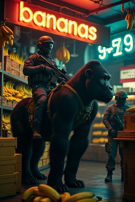 ((masterpiece)) ((photography)) ((Highest quality)) A highly detailed, surreal scene depicting a soldier in tactical gear riding a large, muscular gorilla equipped with a harness, set in a dimly lit banana shop. The soldier holds an assault rifle, while an...