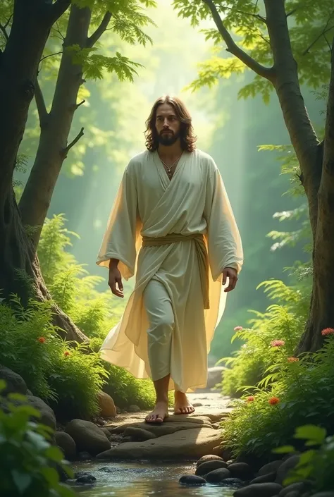 Jesus walking in the forest paradise