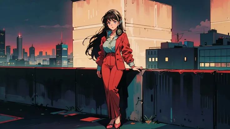 Best Quality, 8k, 1990s Style, 2010s Hairstyle , Very beautiful 21 year old girl standing on a rooftop at night, overlooking a vibrant cityscape,  Black Hair ,Droopy eyes, Long Hair, Big Breasts, ((Wear big headphones)),  characters  I cant control my ligh...