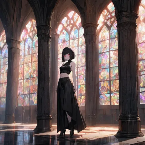 (masterpiece:1.4), (best quality:1.4), (anime style:1.3), (super detailed:1.2), (high resolution:1.3), (professional photography:1.4), beautiful woman in 20s, black priestess dress with exposed midriff, sharp red eyes, black bob cut hair, cathedral interio...