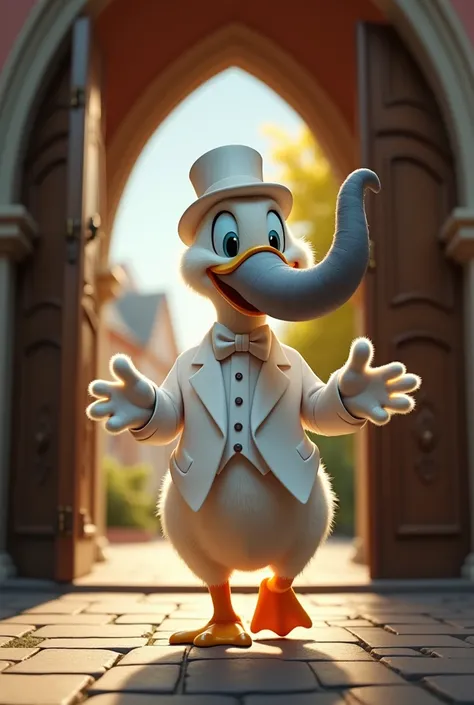 Create a duck dressed as a happy wedding leaving your church wedding and with an elephant trunk instead of a beak 