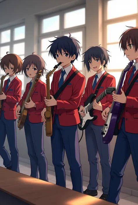  you help me create an image where there are more or less 27 boys and girls in a music class playing like in a rock band, the ages of the boys are more or less 12 to 15 in anime drawing technique ,With pants uniform and blue gardinera and red buso  