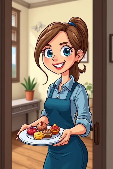 Draw cartoon style greeting card of a Russian woman with light brown hair and a ponytail dressed in a blue work shirt in a anteroom handing out sweets