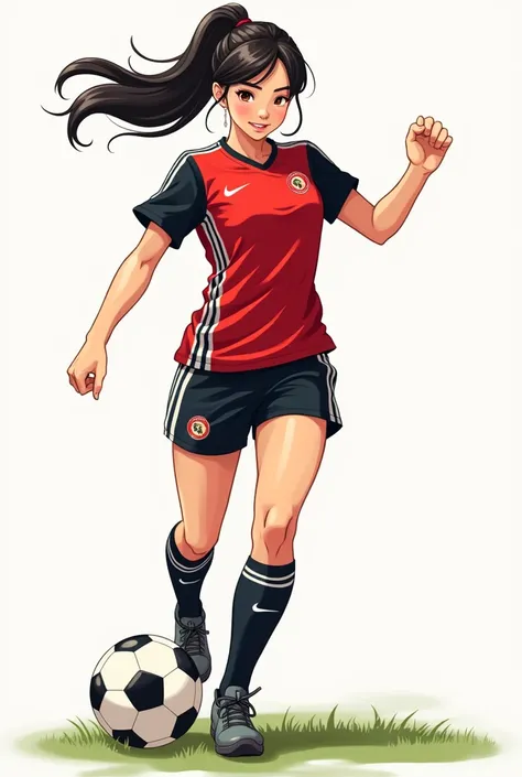 Create a hentai drawing of a female soccer player wearing a red and black t-shirt with sticks, kicking a ball 