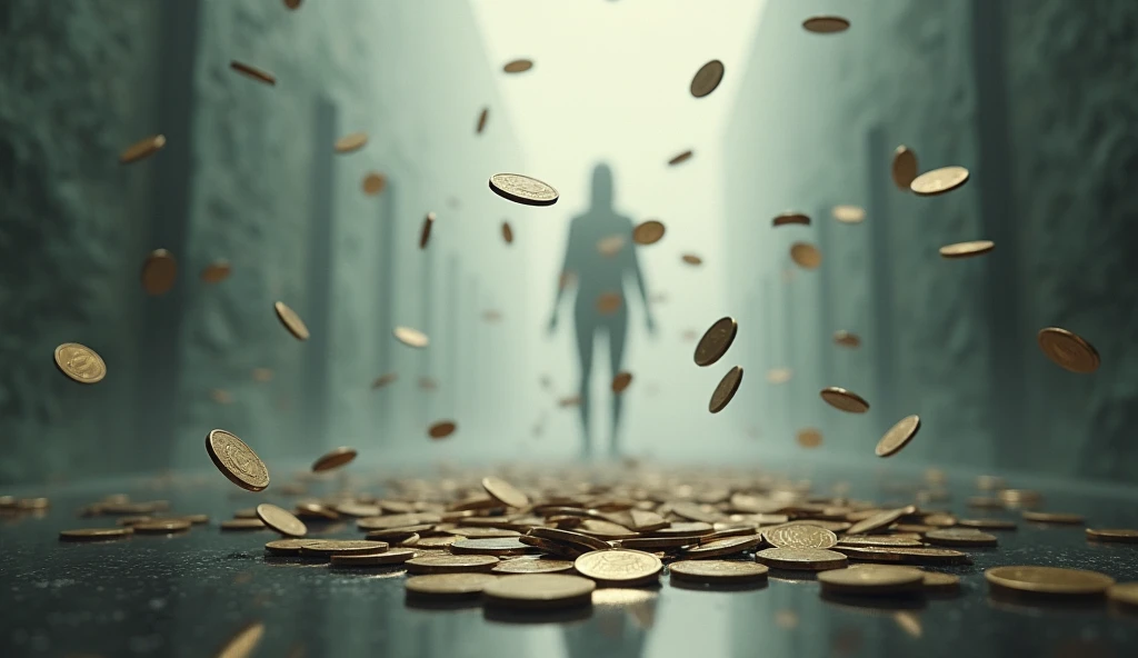 Create a scene of coins falling to the ground and a heavy silence. 16:9 aspect ratio, cinematic suspense.