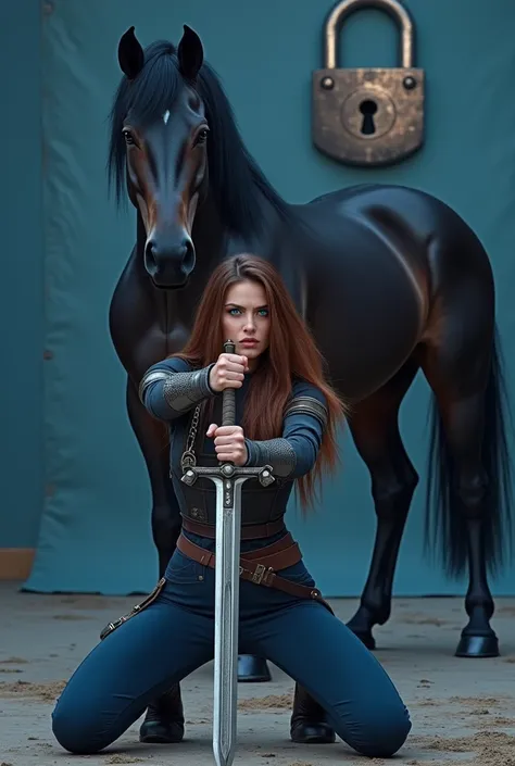 Create a realistic big girl , with brown hair, angry look, blue pants, black top,   with a knights sword in her right hand and kneeling on the ground with her left knee,   the background should be blue with a padlock in the background  ,  next to,  a huge ...