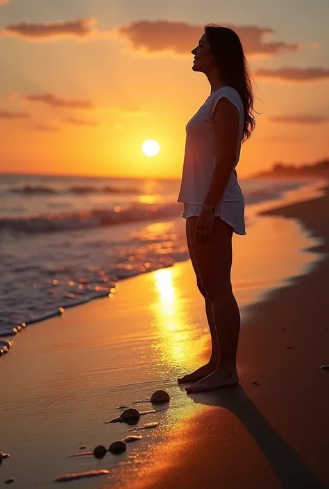 "A person standing on a serene beach at sunset, with an expression of peace and self-confidence. Behind them, a shadow representing a painful past begins to fade, while seashells and small waves touch their feet. On the horizon, the setting sun symbolizes ...