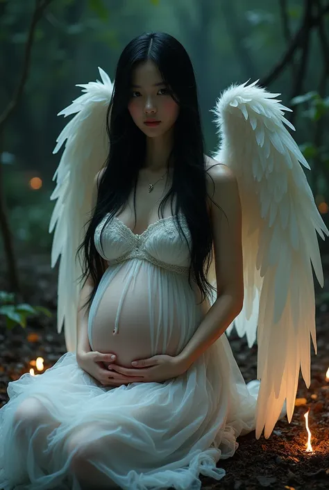 pregnant korean woman, makeup blush highlighter, long straight black hair, wearing a white wet dress, white wings on her back with fake blood, sitting on the ground in a black forest with fire, wet hair