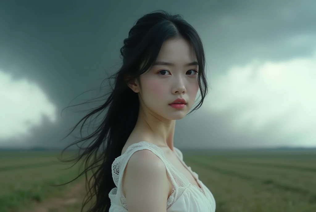 (RAW photo, realistic photo, high quality, masterpiece), ((Tornado Storm)), A young Japanese woman with smooth, porcelain skin and long, silky black hair cascading down her back. She has delicate, almond-shaped eyes with long, dark lashes that accentuate h...