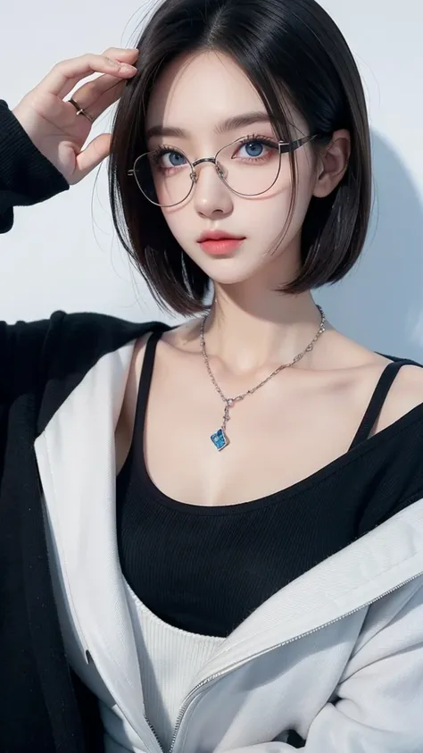 ( top quality), bob hair, Black Eyewear, blue eyes, turtlenecks( Necklaces )Zoom in, Sexy Face