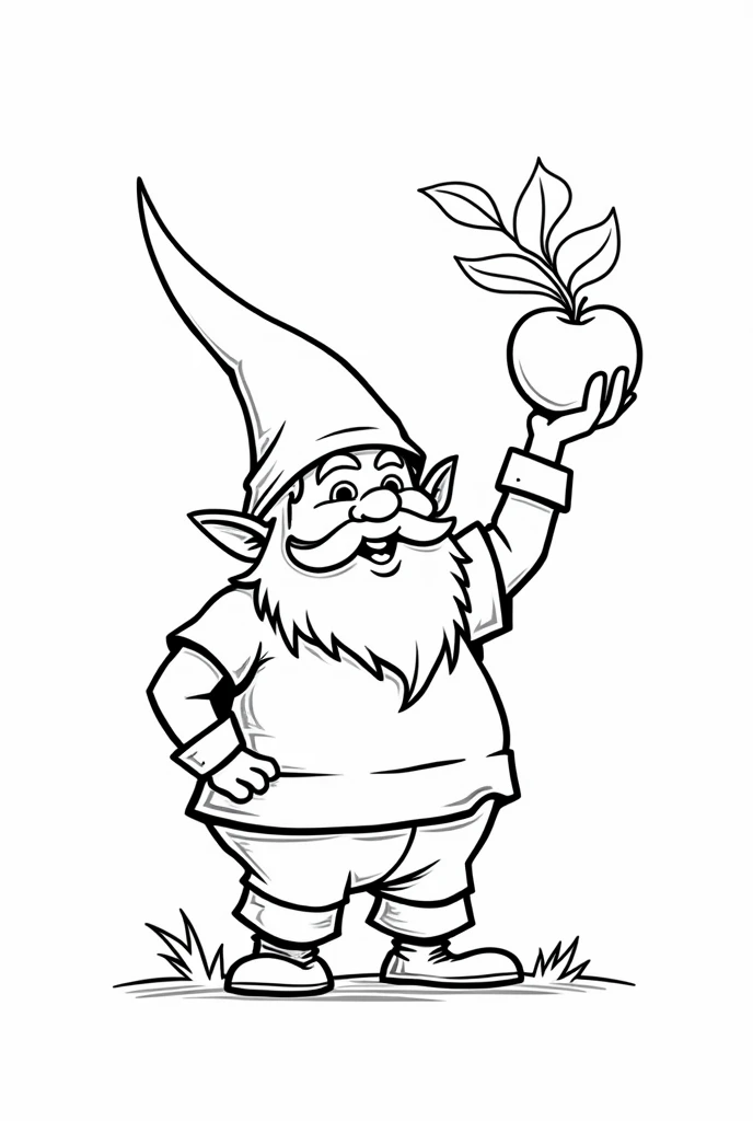 Generate the drawing outline ,  with a thick black line and a white background without spots or hatches, of a cute gnome picking apples .  A4 print format to color .  In black with a white background without shading 