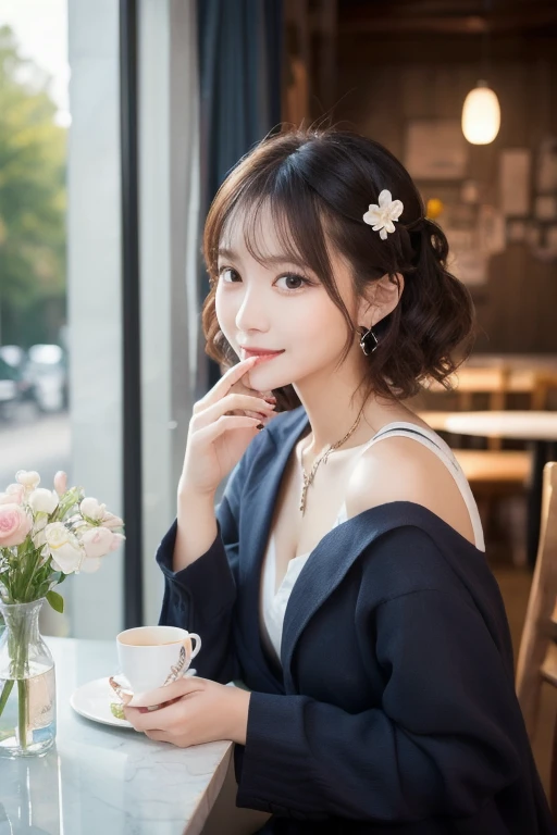  eyes that seem to be sucked in , cute double , Mysterious woman eating delicious peach chiffon cake,  inside a calm cafe ,  short hair with loose inner curls,  clothes chosen for a date , Talented , Kind personality,  woman who is very particular about th...