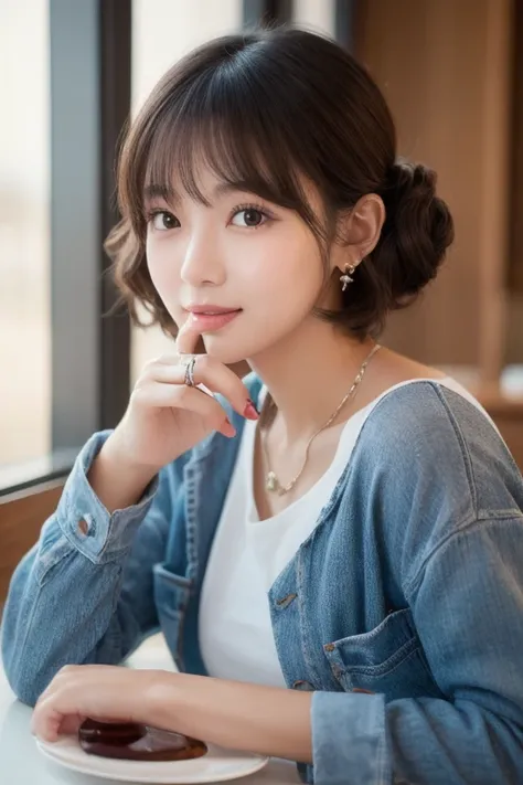  eyes that seem to be sucked in , cute double , Mysterious woman eating delicious peach chiffon cake,  inside a calm cafe ,  short hair with loose inner curls,  clothes chosen for a date , Talented , Kind personality,  woman who is very particular about th...