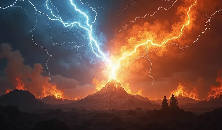  Lightening coming from the left side,fire coming from the right side,they meet in the middle