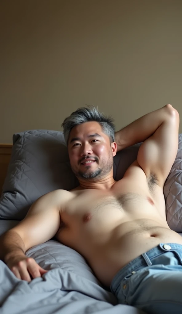 "The image shows a 28-year-old chubby Thai man with silver-gray hair. He looks charming yet elegant, lying on the bed in a relaxed pose, raising one arm to show off his armpit. He has a slight smile on his face. He is shirtless, revealing his chest and abd...