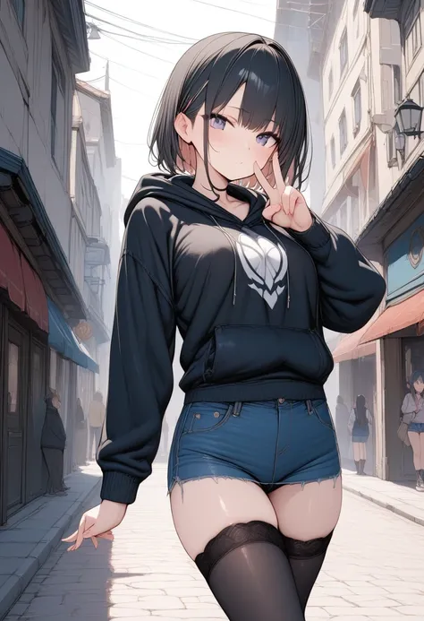 NSFW, Masterpiece, ultra detailed, 8k, best quality, bustling street, novel illustration, 18 years old, 1girl,  large black hoodie, Denim skirt, black thighhighs, hand peace sign, cowboy shot